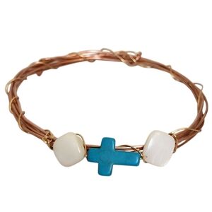 Twisted Copper & Turquoise Cross Square Mother Of Pearl Bracelet